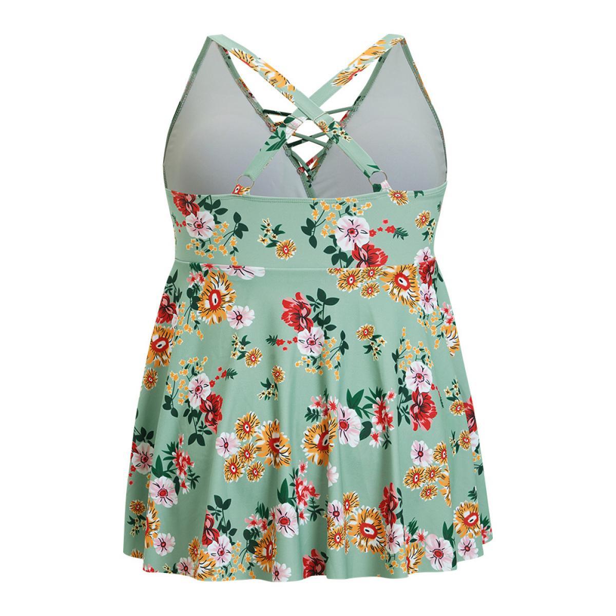 Plus Size Floral Crisscross Surplice Neck Flutter Hem Swim Dress Women's Swimwear Mint Vacation Bodycon V-neck High stretch Curve Swim Dresses BloomChic 10/M Product Image