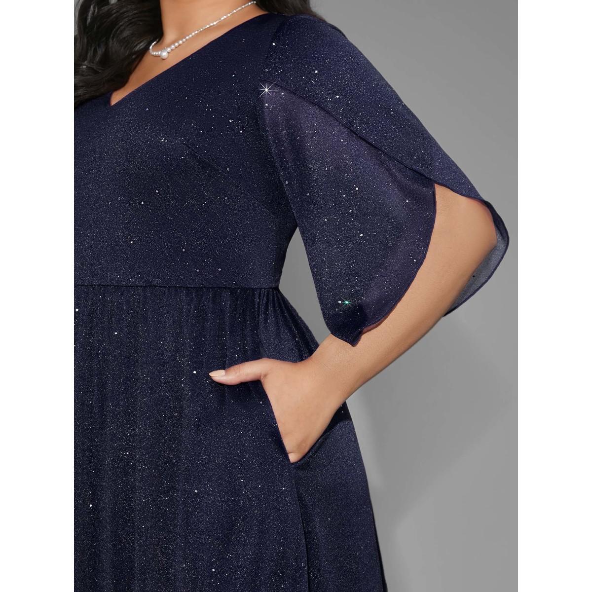 Plus Size Glitter Mesh Petal Sleeve Midi Dress Midnight Women Cocktail Texture Party Curvy Bloomchic 26/4X Product Image