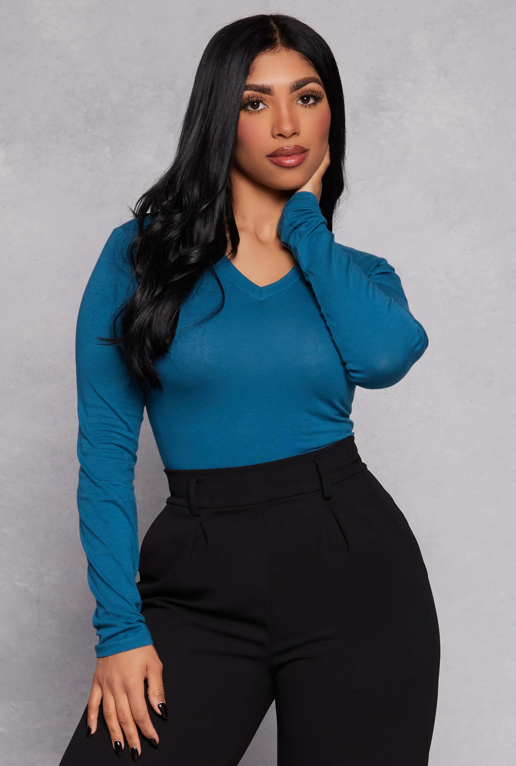 Womens Long Sleeve V Neck Basic Tee Product Image