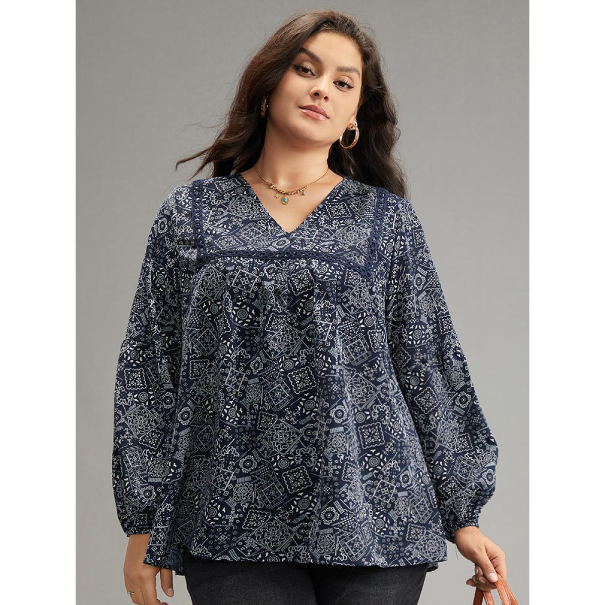 Plus Size Indigo Bandana Lace Insert Lantern Sleeve Blouse Women Resort Long Sleeve V-neck Vacation Blouses BloomChic 28/5X Product Image