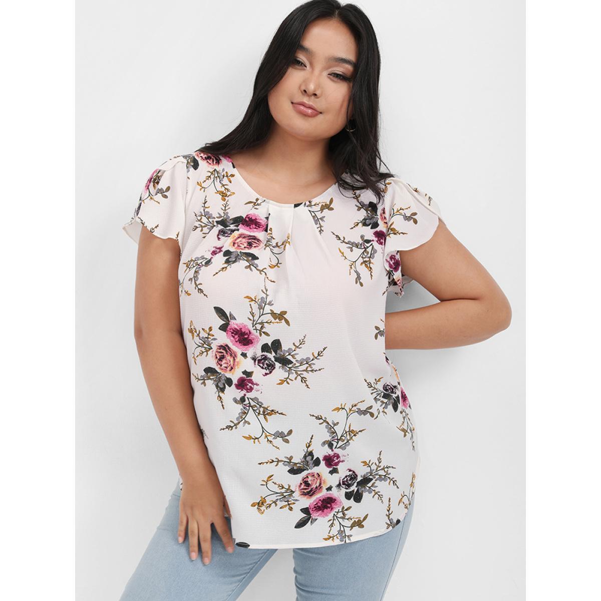 Plus Size White Floral Split Ruffled Button Round Neck Blouse Women Elegant Short sleeve Round Neck Dailywear Blouses BloomChic 20/2X Product Image