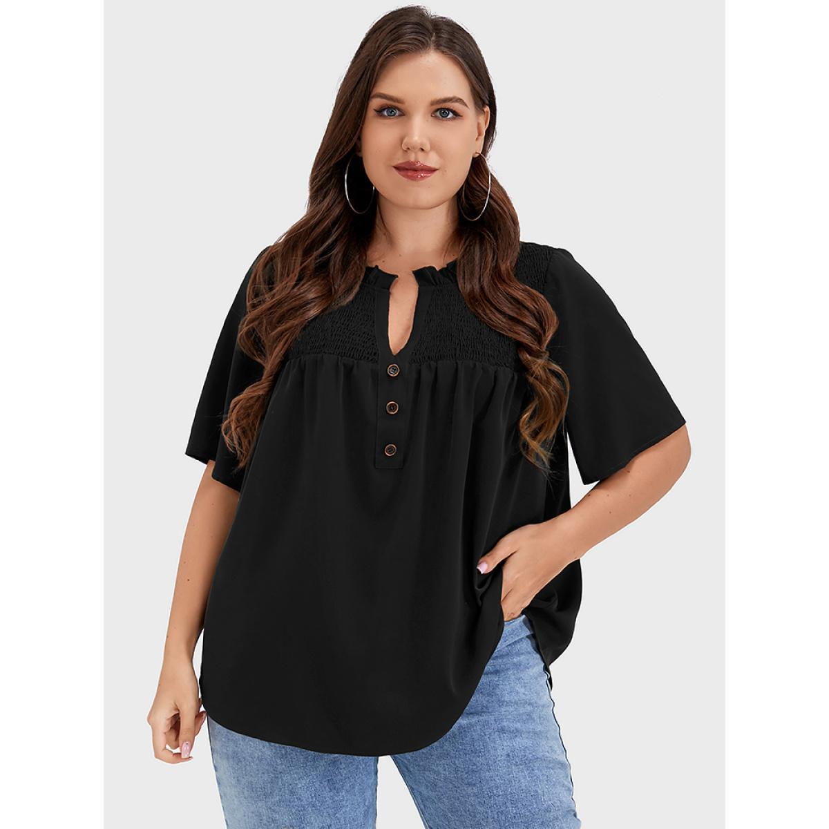 Plus Size Black Solid Shirred Frill Trim Button Notched Neck Blouse Women Elegant Short sleeve Dailywear Blouses BloomChic 12/L Product Image