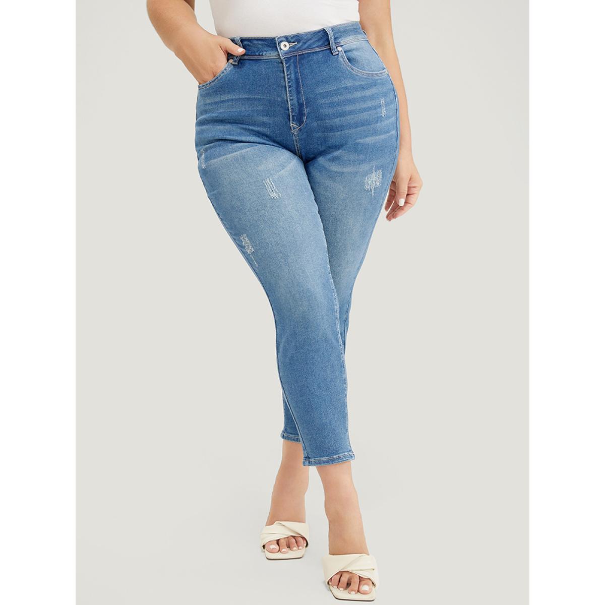 Plus Size Moderately Stretchy High Rise Dark Wash Cropped Jeans Women DarkBlue Casual Plain Medium stretch Pocket Jeans BloomChic 12/L Product Image