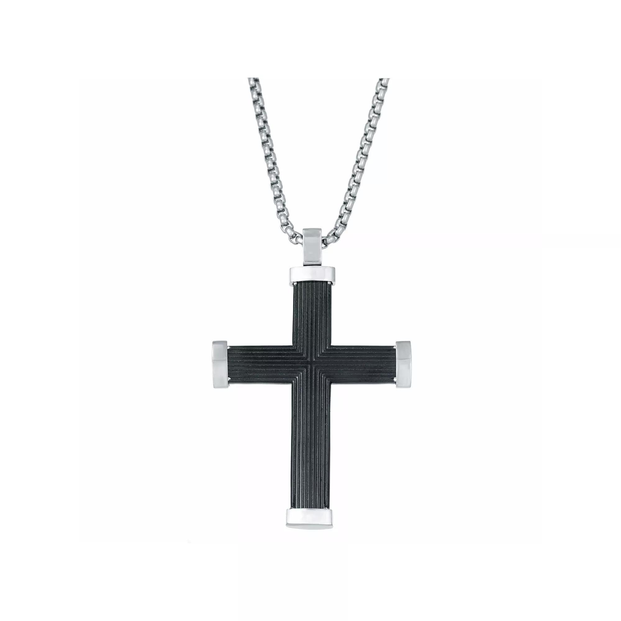 Men's LYNX Black Ion-Plated Stainless Steel Box Chain Cross Pendant Necklace, Size: 24" Product Image