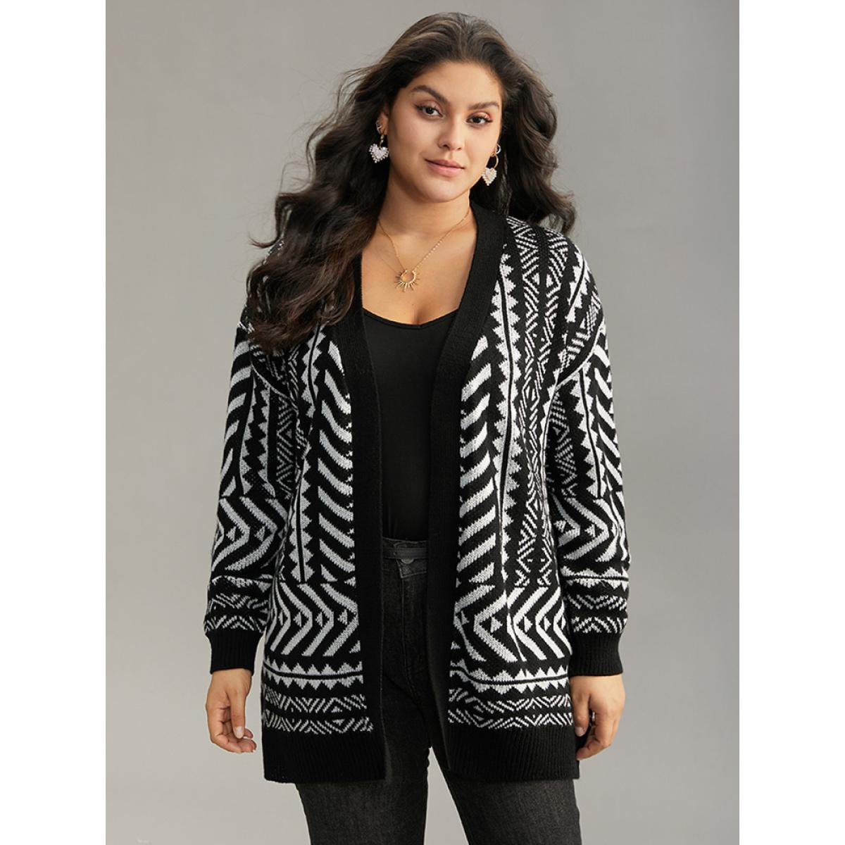 Plus Size Bandana Print Open Front Loose Cardigan Black Women Casual Loose Long Sleeve Dailywear Cardigans BloomChic 30/6X Product Image