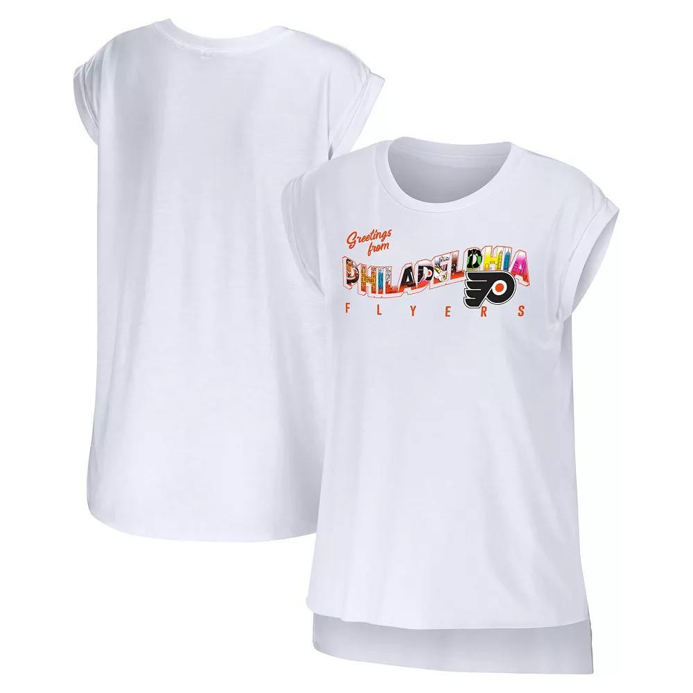 Women's WEAR by Erin Andrews White Philadelphia Flyers Greetings From Muscle T-Shirt, Size: Small, Fly White Product Image