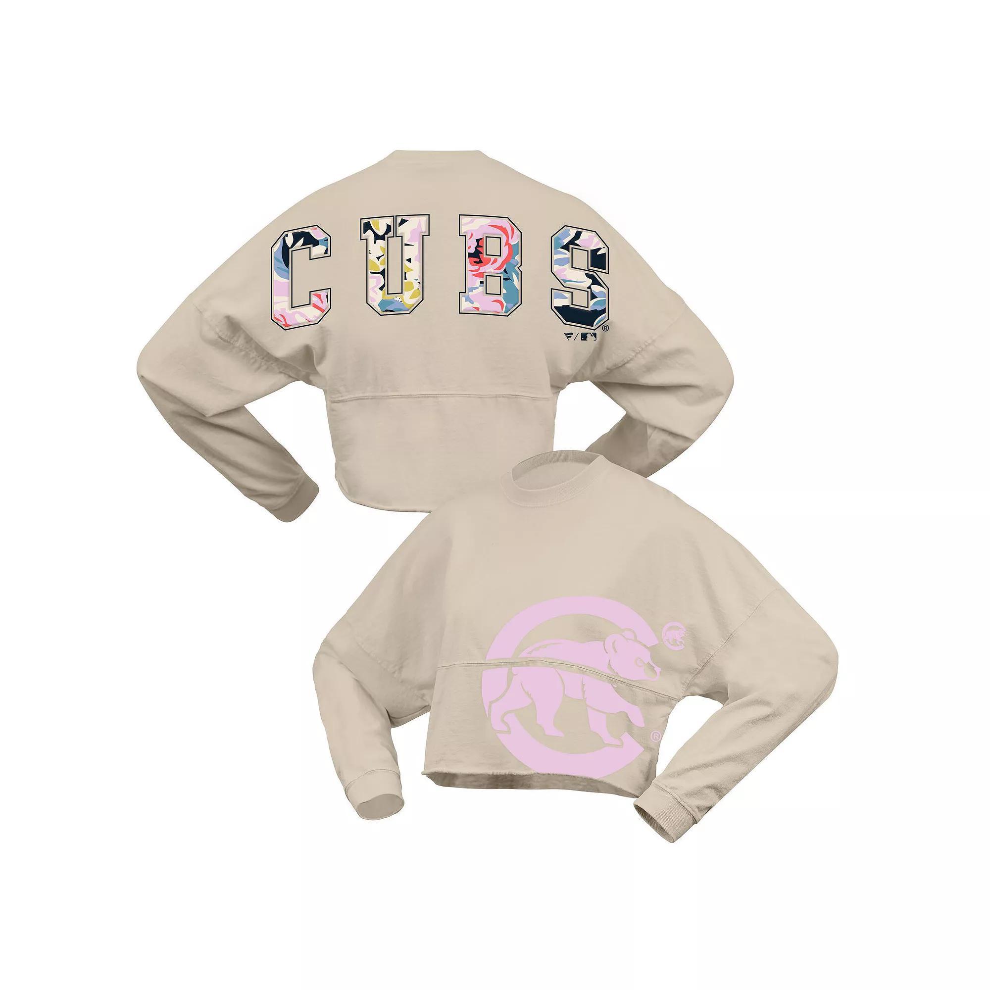 Women's Fanatics  Cream Chicago Cubs Floral Preppy Cropped Long Sleeve T-Shirt, Size: Small, Beige Product Image