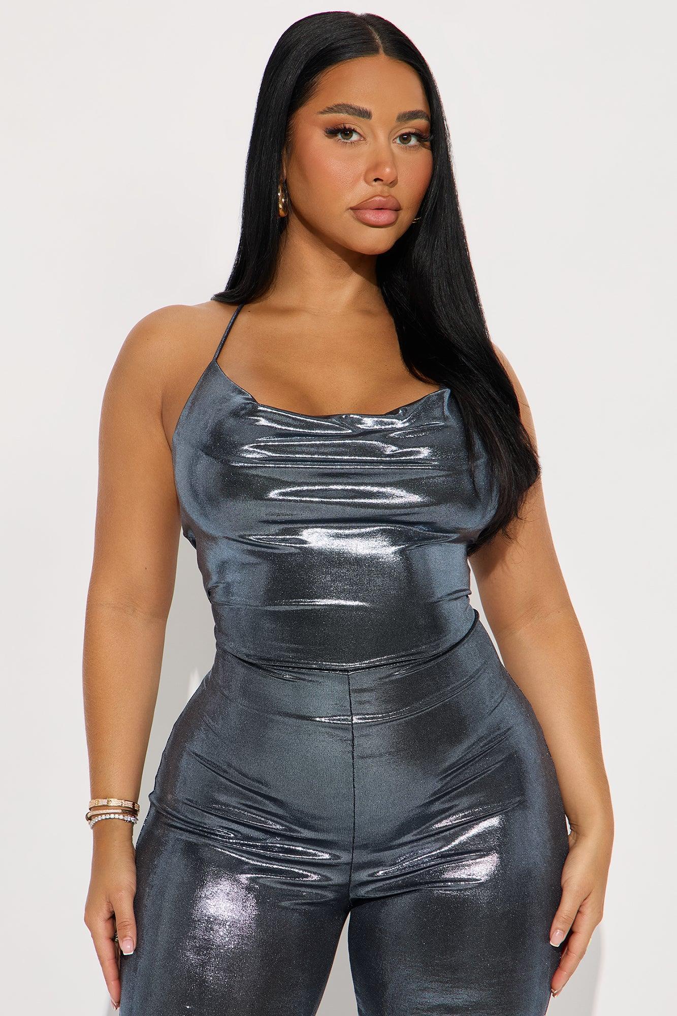 Soraya Metallic Cowl Neck Flare Jumpsuit - Slate Blue Female Product Image