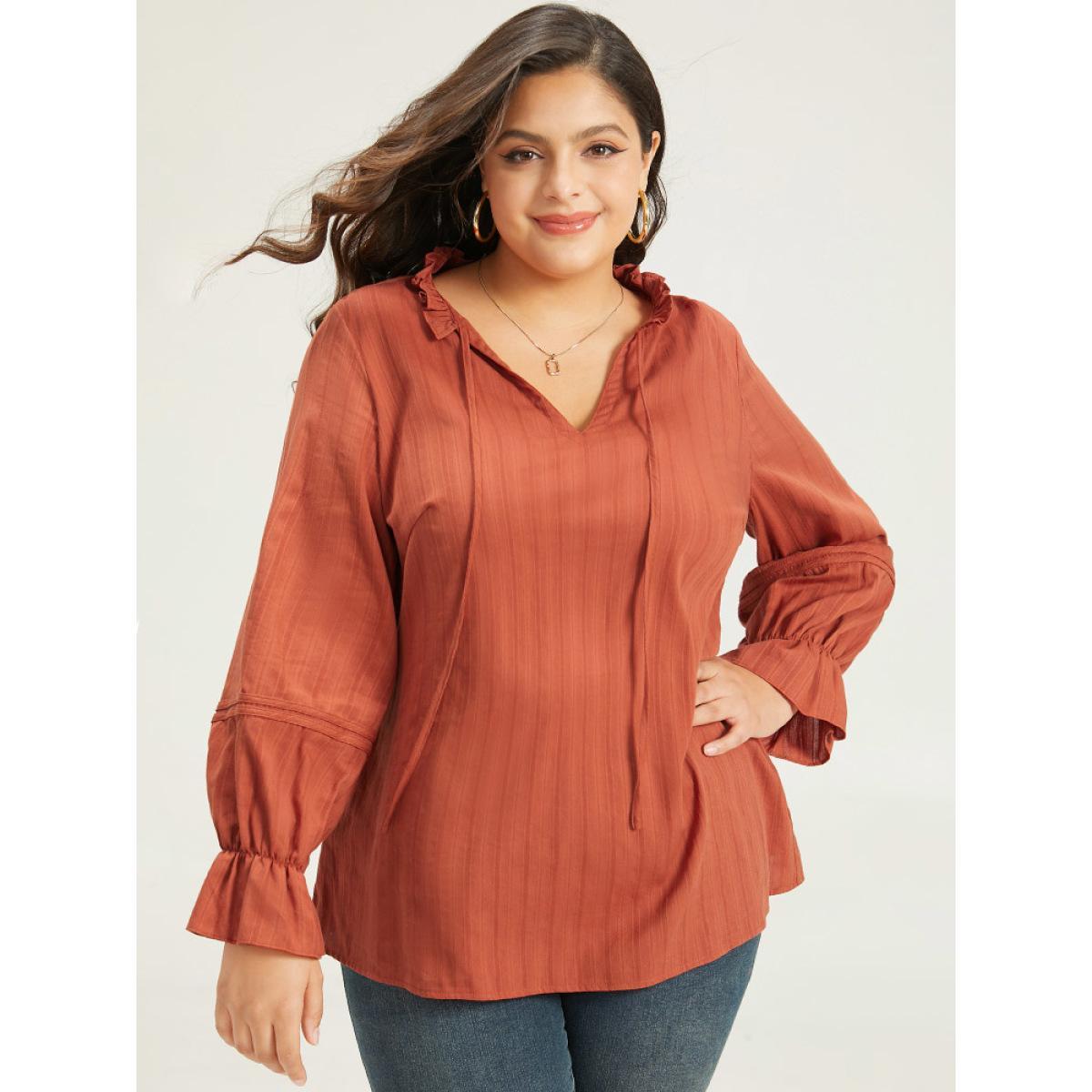Plus Size OrangeRed Plain Tie Neck Textured Ruffle Trim Blouse Women Elegant Long Sleeve Tie Neck Dailywear Blouses BloomChic 10/M Product Image
