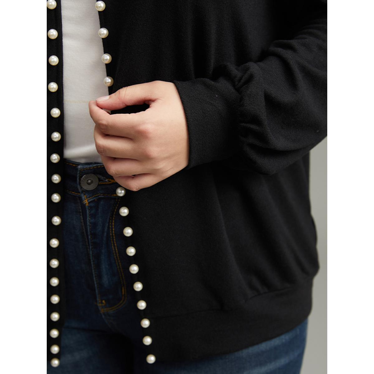 Plus Size Solid Pearl Beaded Open Front Coat Women Black Elegant Beaded Ladies Dailywear Winter Coats BloomChic 18-20/2X Product Image