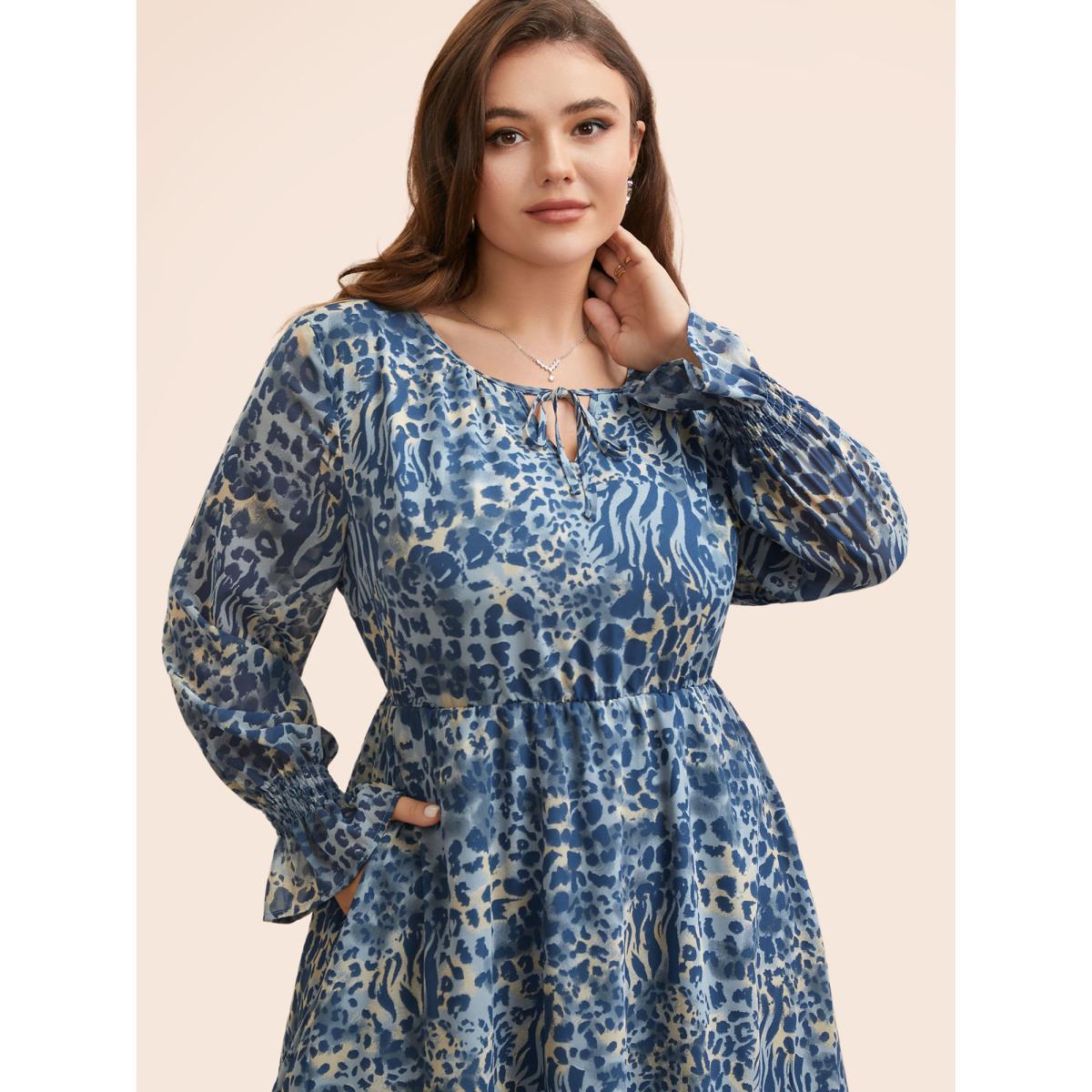 Plus Size Leopard Print Chiffon Tie Knot Dress Stone Women Elegant Tie knot V-neck Long Sleeve Curvy BloomChic 18-20/2X Product Image