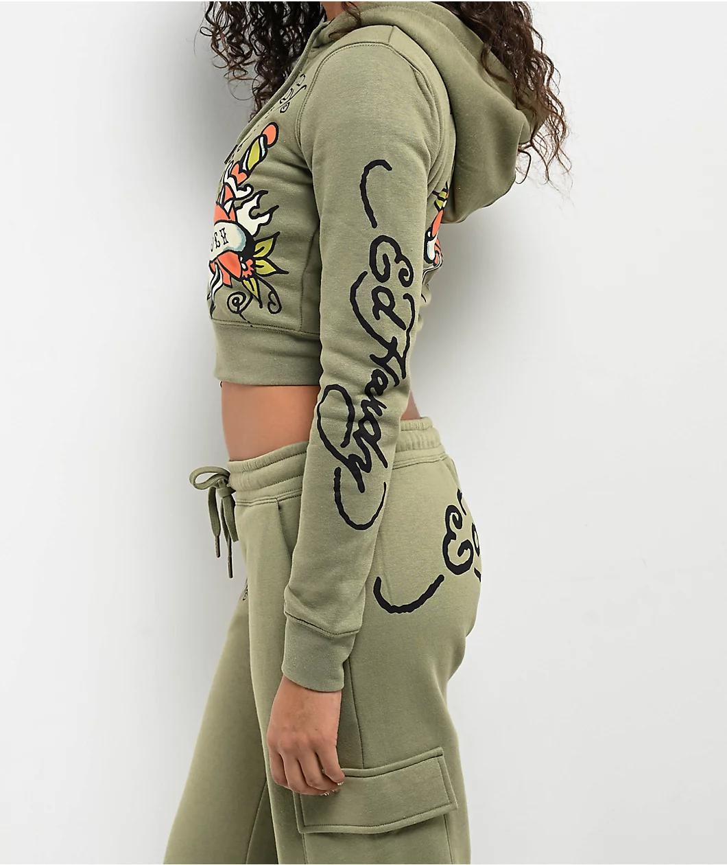 Ed Hardy Dragon Dagger Olive Crop Zip Hoodie Product Image