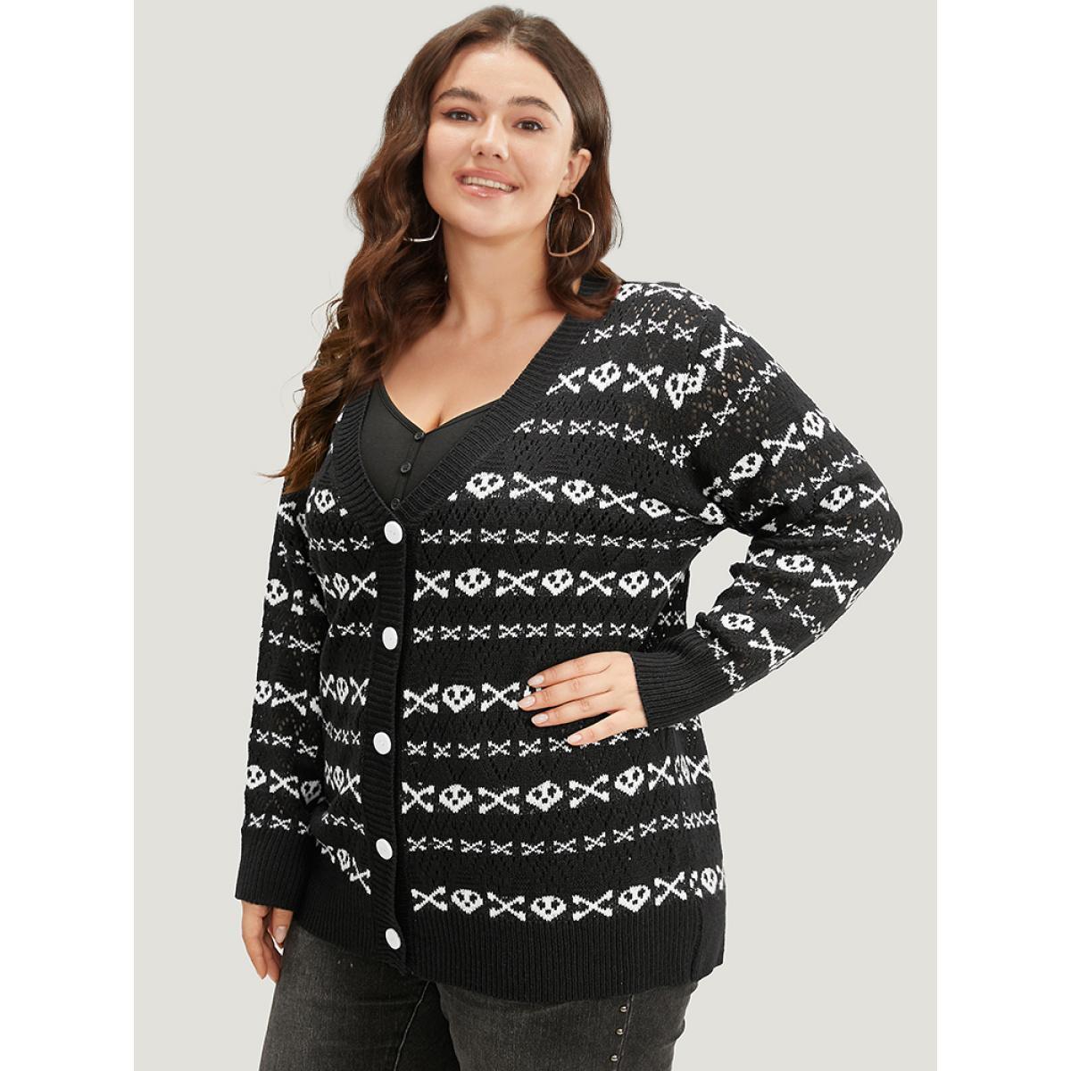 Plus Size Halloween Graphic Striped Button Up Cardigan Black Women Casual Loose Long Sleeve Festival-Halloween Cardigans BloomChic 28/5X Product Image