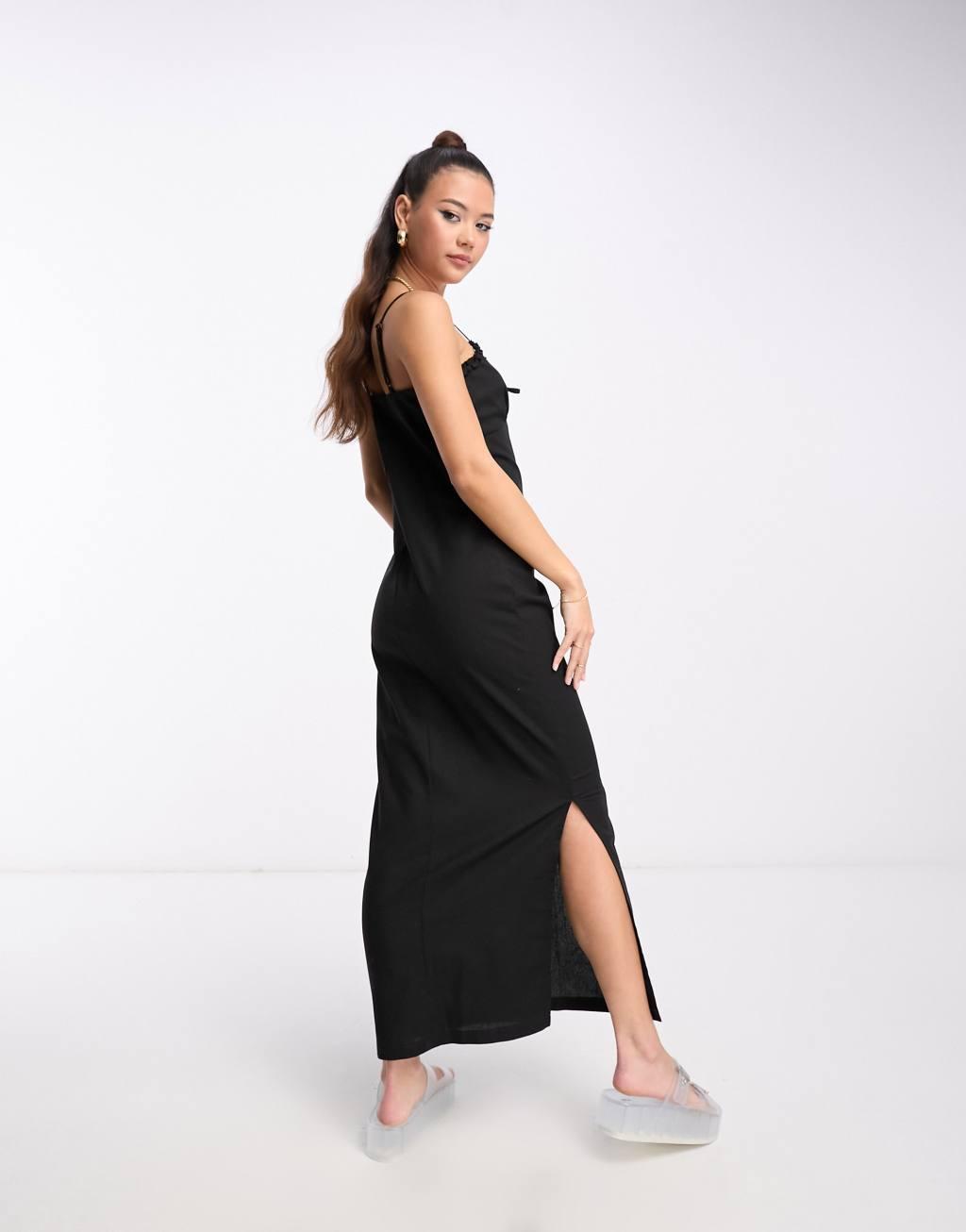 Daisy Street linen look cami maxi dress with tie front-Black Product Image
