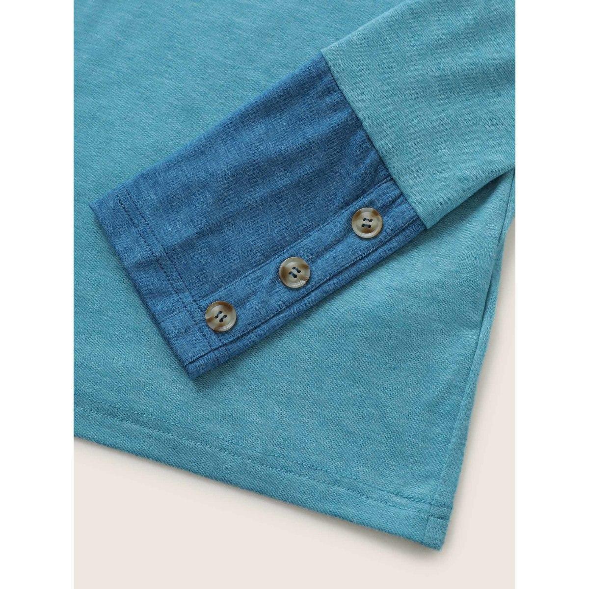 Plus Size Contrast Patchwork Button Detail T-shirt LightBlue Women Casual Contrast Plain V-neck Everyday T-shirts BloomChic 12/L Product Image