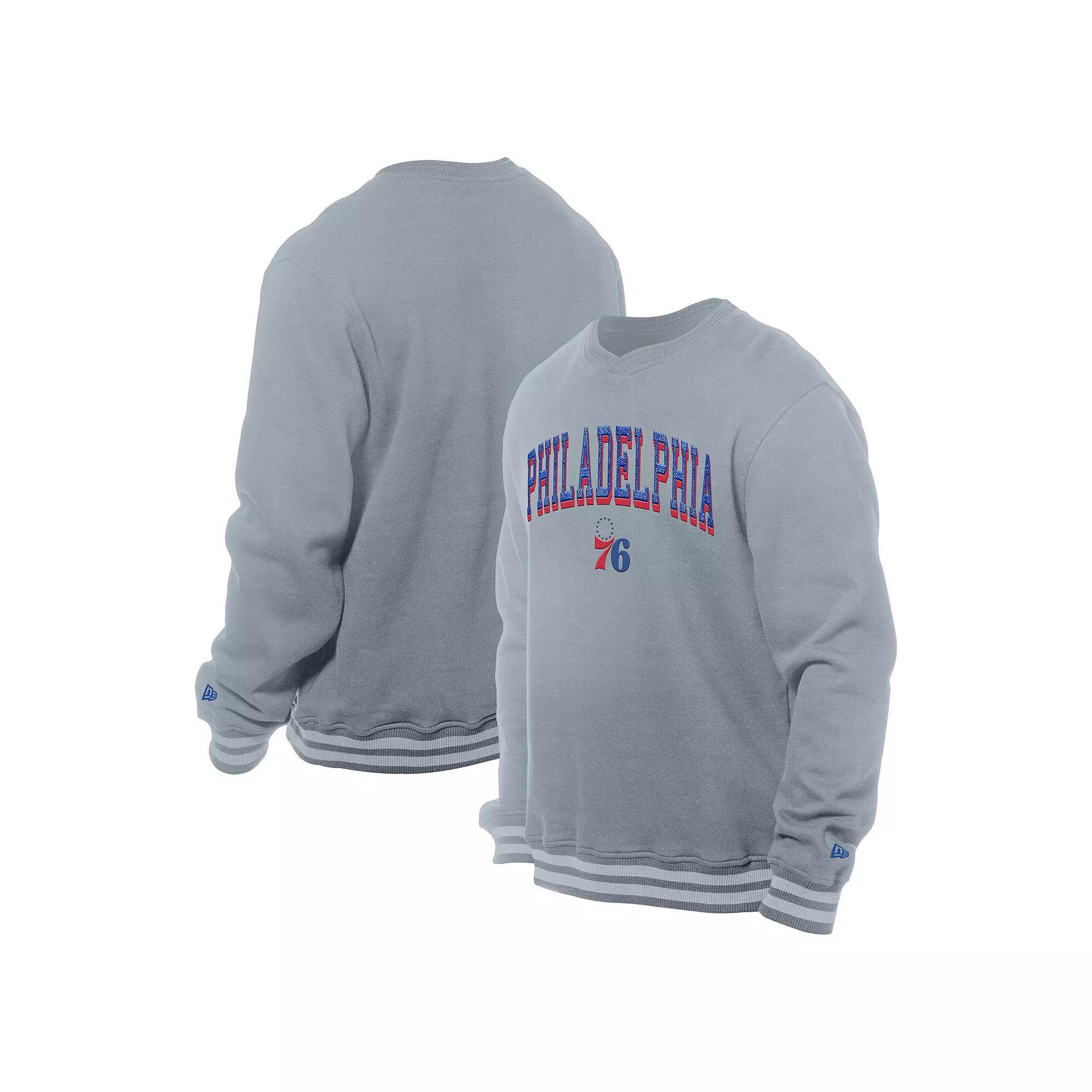 Men's New Era Gray Philadelphia 76ers Chenille Cross Over Pullover Sweatshirt, Size: 2XL, 76r Grey Product Image