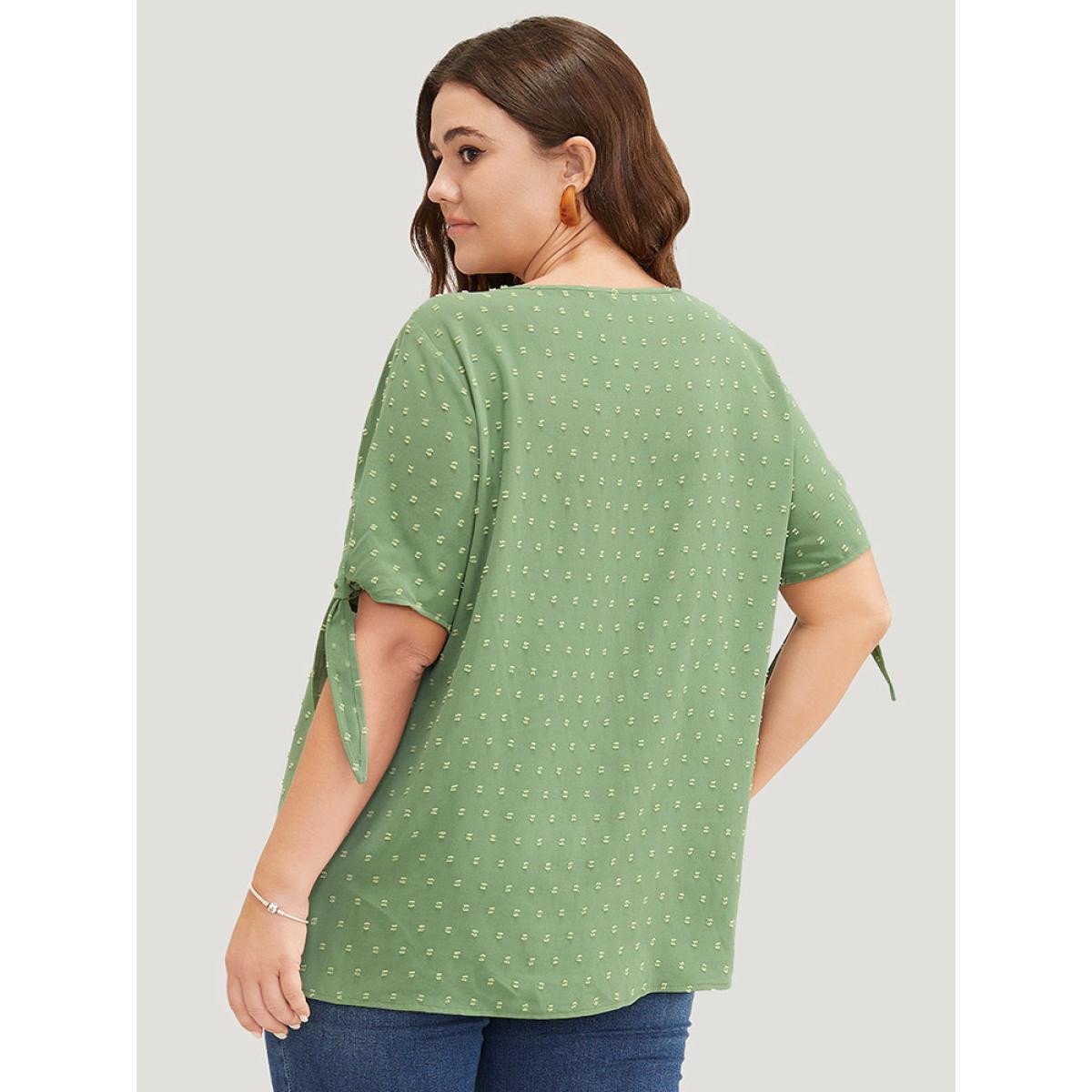Plus Size Moss Polka Dot Knotted Sleeve Lace Blouse Women Elegant Short sleeve V-neck Dailywear Blouses BloomChic 28/5X Product Image