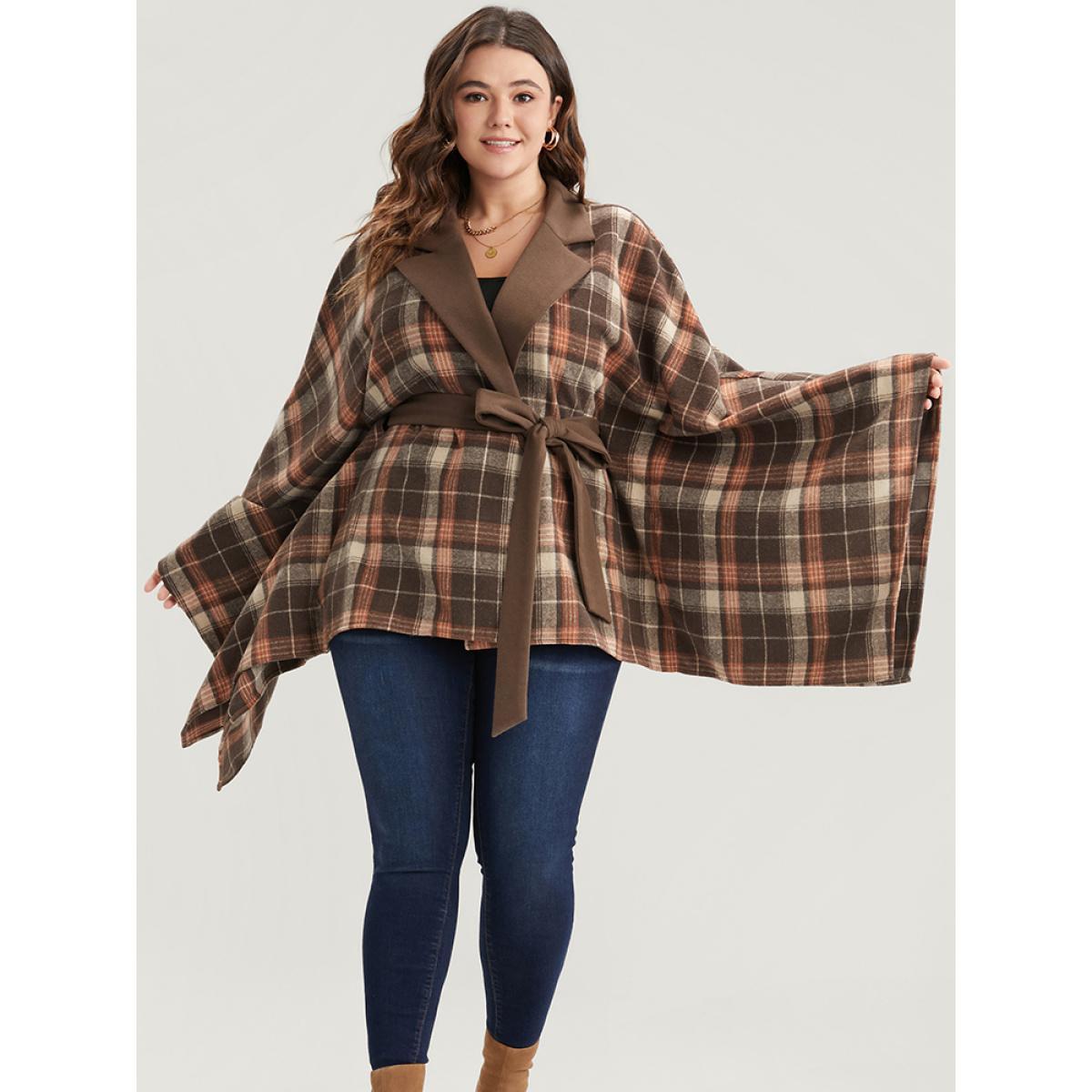 Plus Size Plaid Contrast Suit Collar Dolman Sleeve Belted Coat Women DarkBrown Elegant Belted Loose Ladies Dailywear Winter Coats BloomChic 10/M Product Image