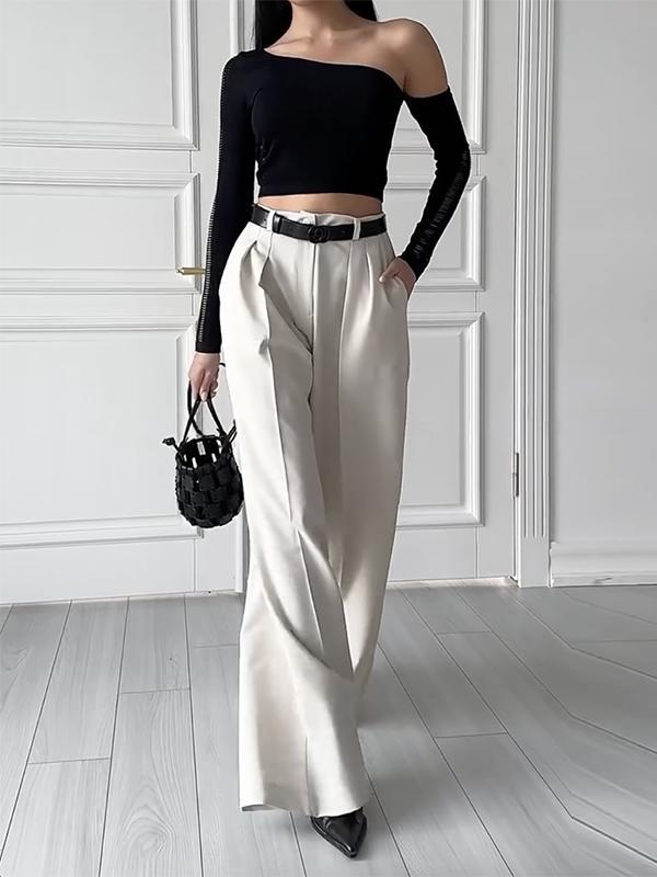 High Waisted Loose Pleated Solid Color Split-Joint Suit Pants Trousers Product Image