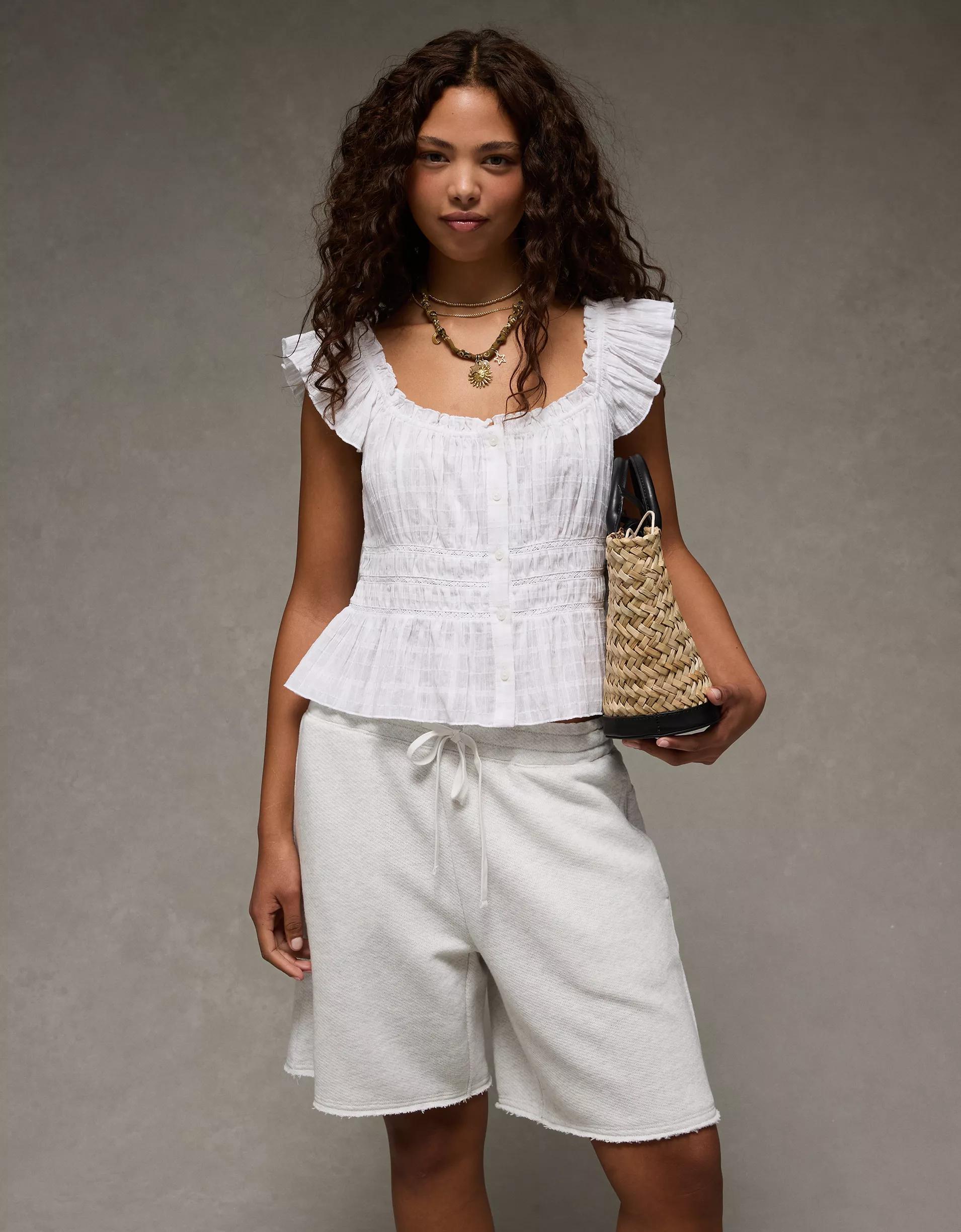 AE Ruched Flutter Sleeve Blouse Product Image
