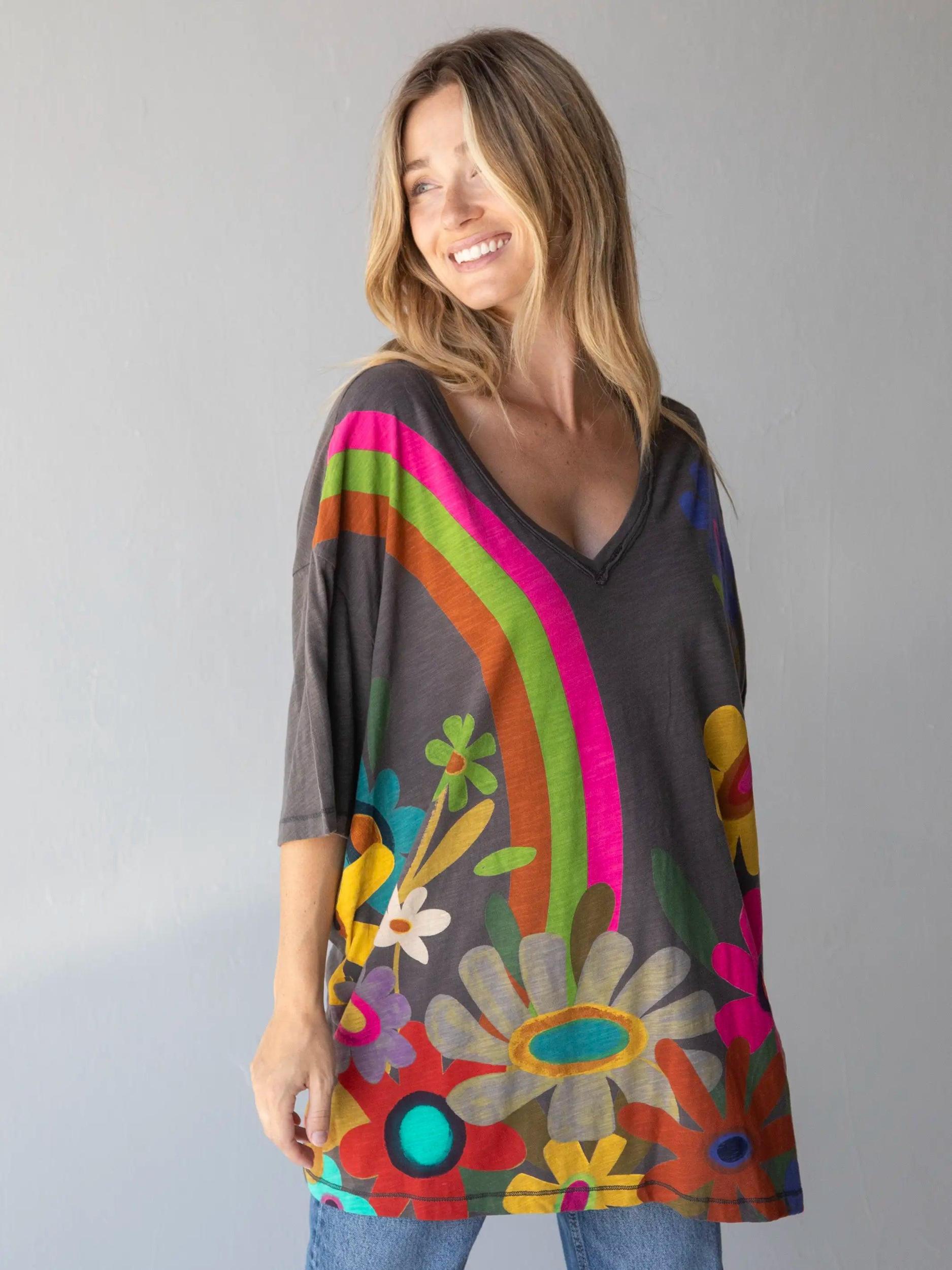 One Size Cotton Easy V-Neck Tee - Charcoal Flowers Product Image