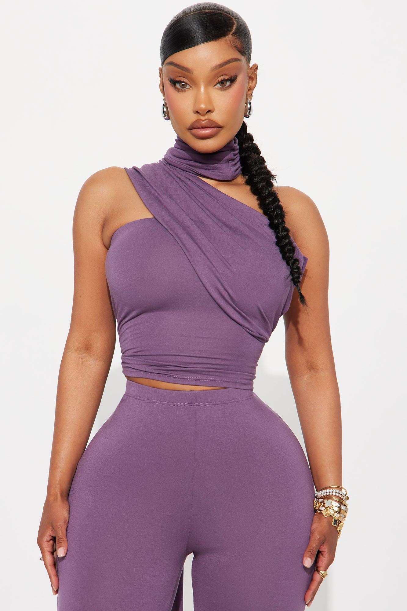 Talk To Me One Shoulder Scarf Top Pant Set - Purple Product Image