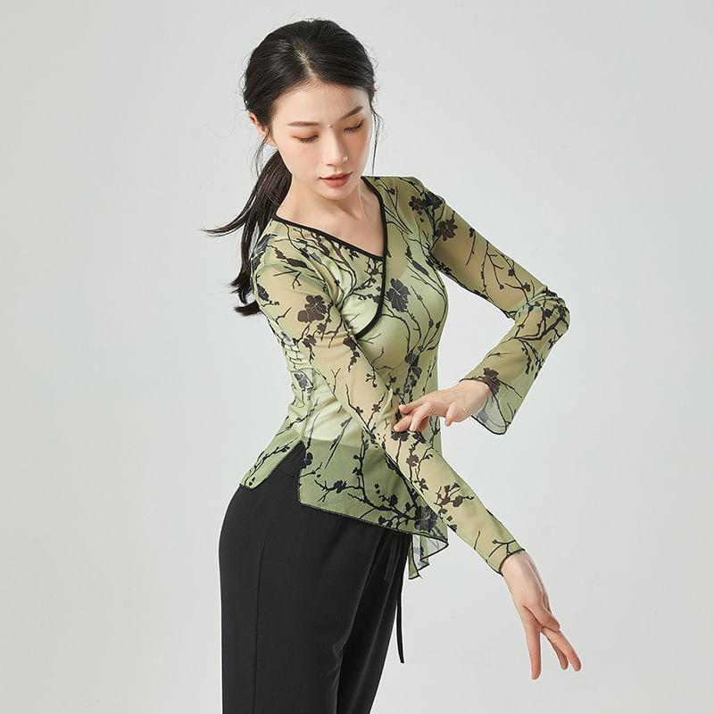 Long-Sleeve Floral Asymmetrical Dance Top Product Image