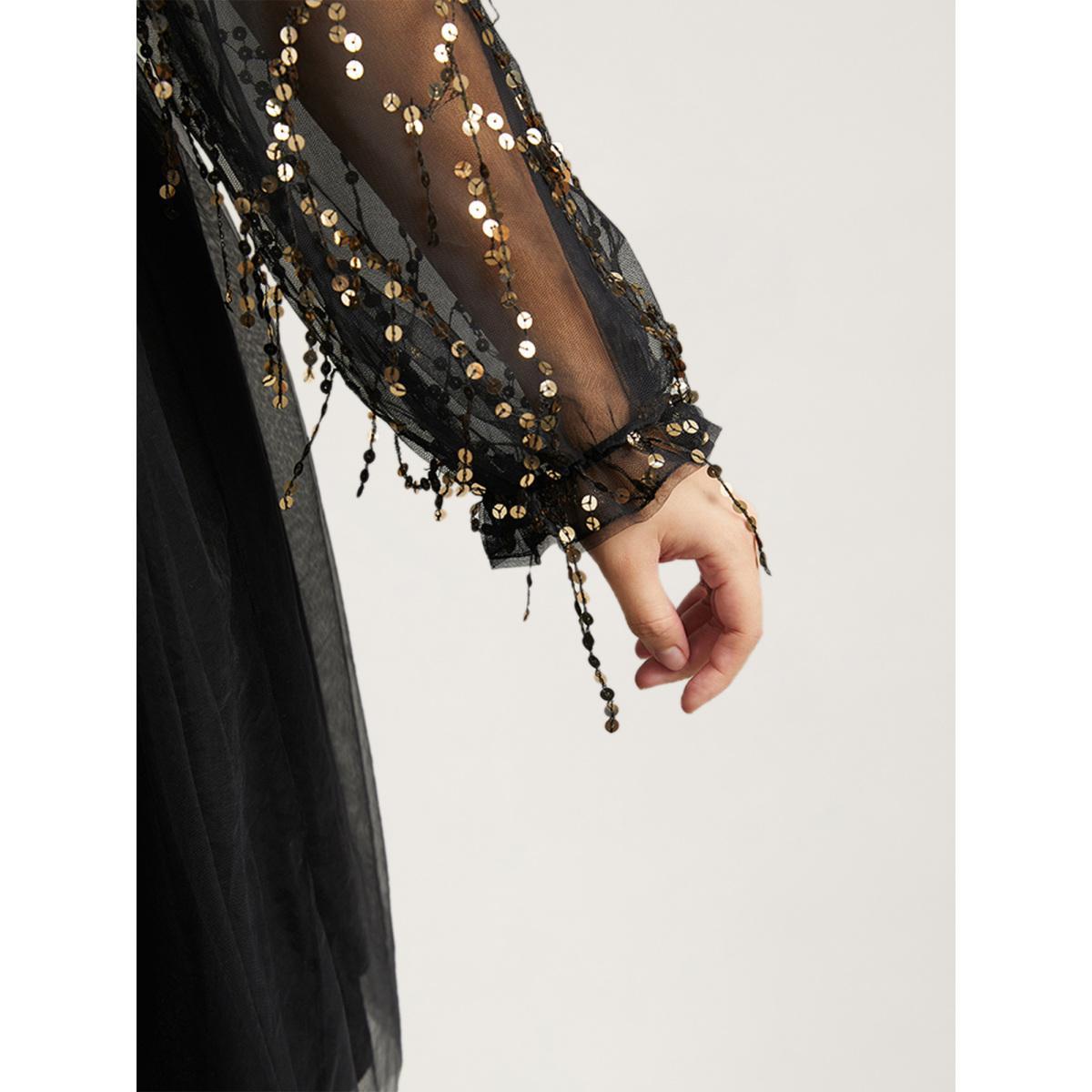 Plus Size Sequin Mesh Patchwork Tassel Dress Black Women Cocktail Gathered Overlap Collar Long Sleeve Curvy Knee Dress BloomChic 14-16/1X Product Image