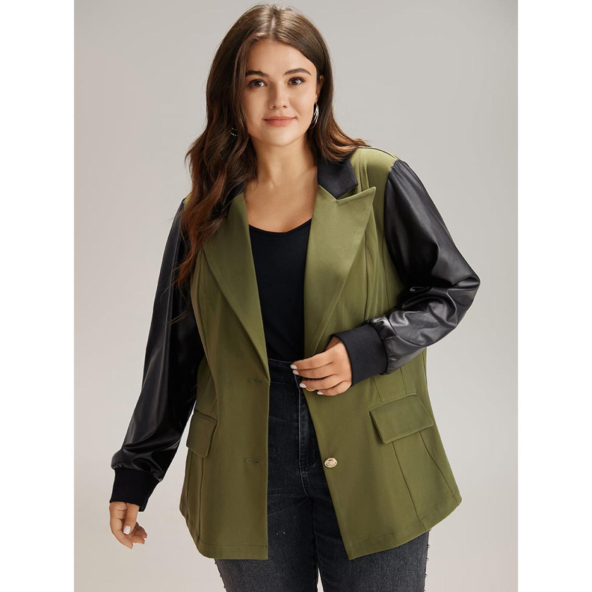 Plus Size Contrast Flap Pocket Button Fly Coat Women ArmyGreen Casual Contrast Ladies Dailywear Winter Coats BloomChic 18-20/2X Product Image