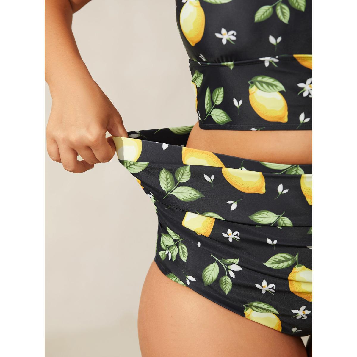 Plus Size Lemon Print Pleated Tight-Fit Swim Bottoms Women's Swimwear Black Beach Gathered High stretch Skinny High Rise Curve Swim Bottoms BloomChic 14-16/1X Product Image