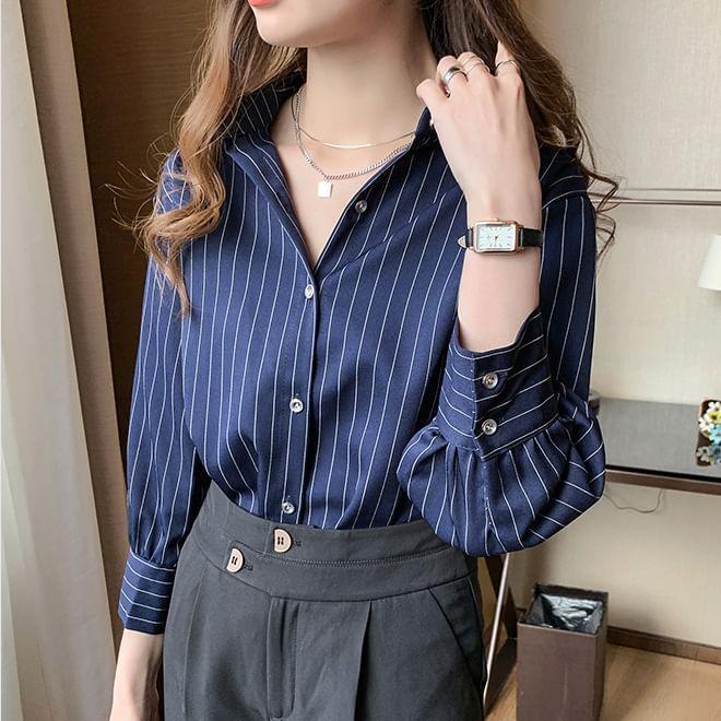 3/4-Sleeve Pinstriped Blouse Product Image