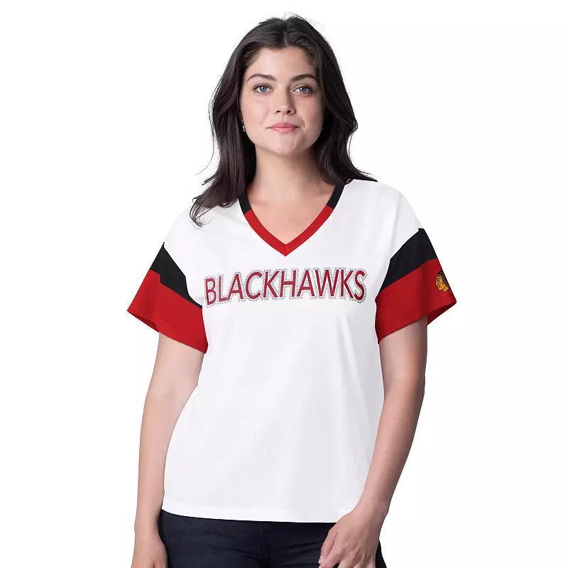 Women's G-III 4Her by Carl Banks  White Chicago Blackhawks Rink Oversized Rhinestone V-Neck T-Shirt, Size: 2XL Product Image
