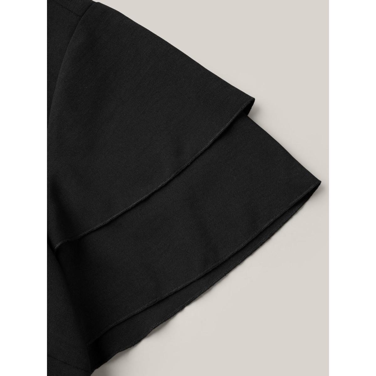 Plus Size Black Toothpick Pleat Layered Flutter Sleeve Blouse Women At the Office Short sleeve Round Neck Work Blouses BloomChic 22-24/3X Product Image
