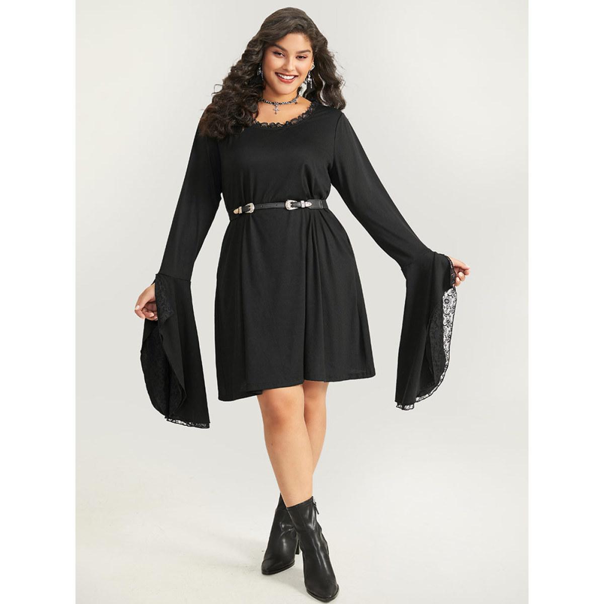 Plus Size Halloween Crochet Lace Round Neck Bell Sleeve Dress Black Women Casual Plain Round Neck Long Sleeve Curvy Knee Dress BloomChic 28/5X Product Image