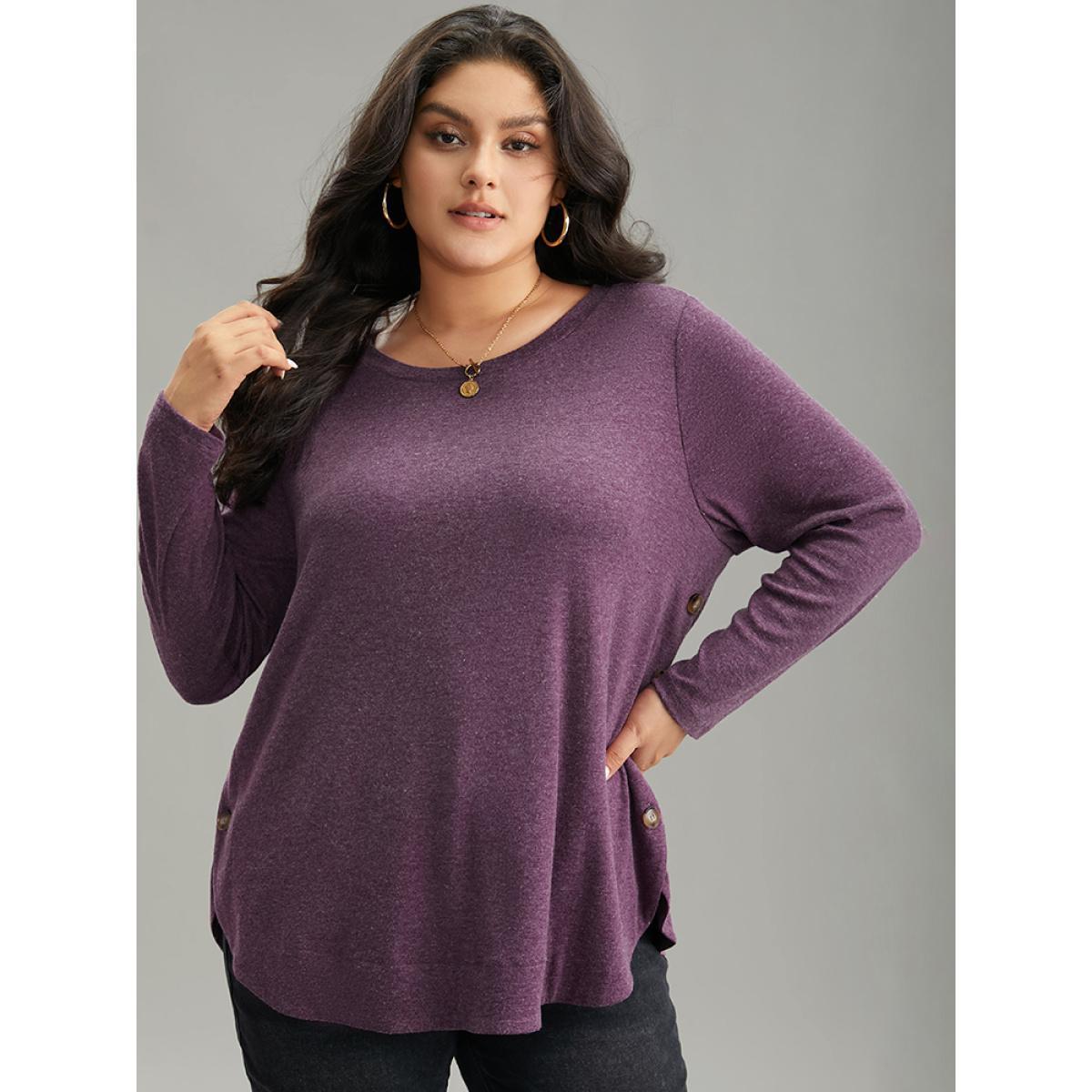 Plus Size Plain Button Detail Curved Hem T-shirt Purple Women Casual Plain Plain Round Neck Dailywear T-shirts BloomChic 30/6X Product Image
