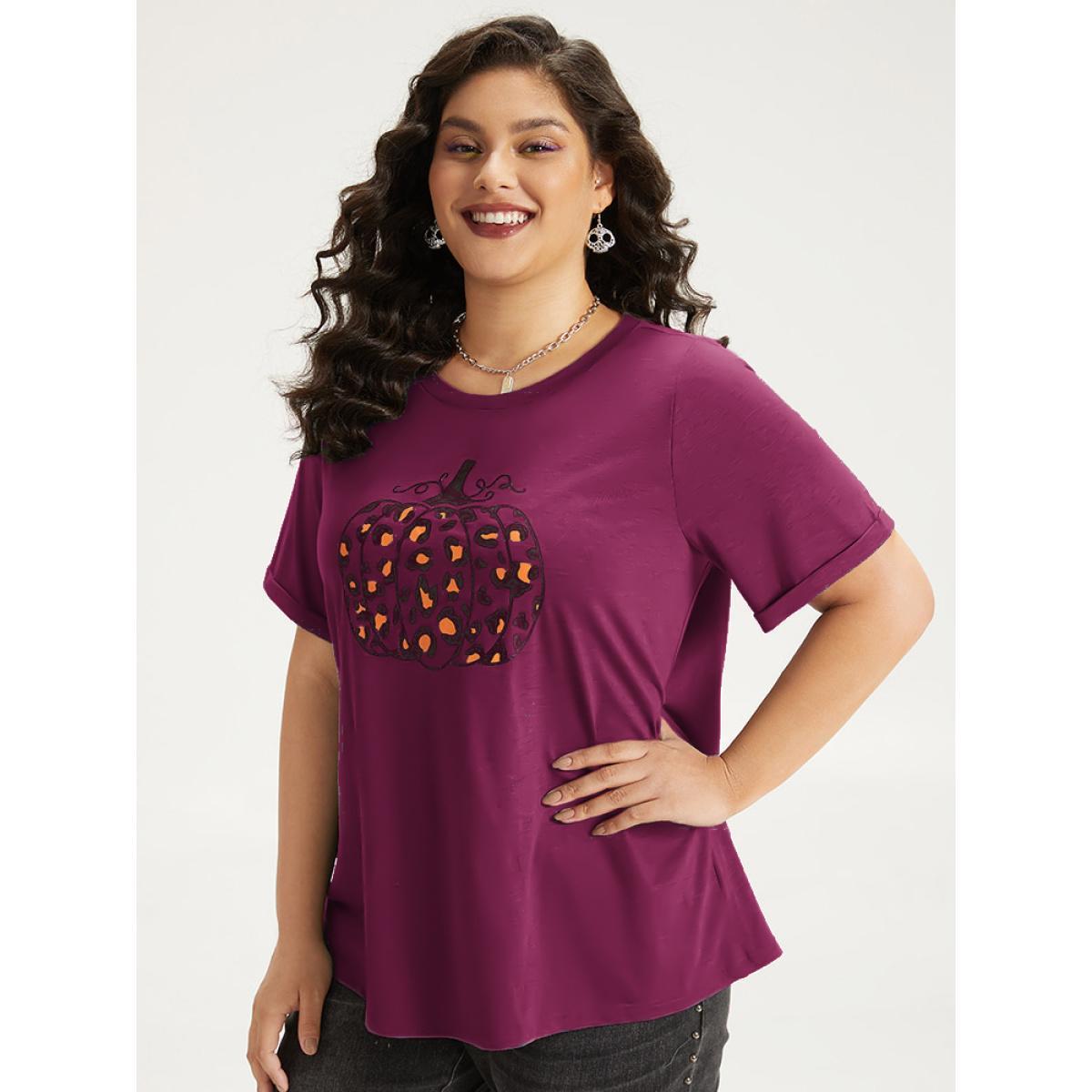 Plus Size Halloween Pumpkin Print Crew Neck T-shirt Crimson Women Casual Printed Halloween Dailywear T-shirts BloomChic 22-24/3X Product Image
