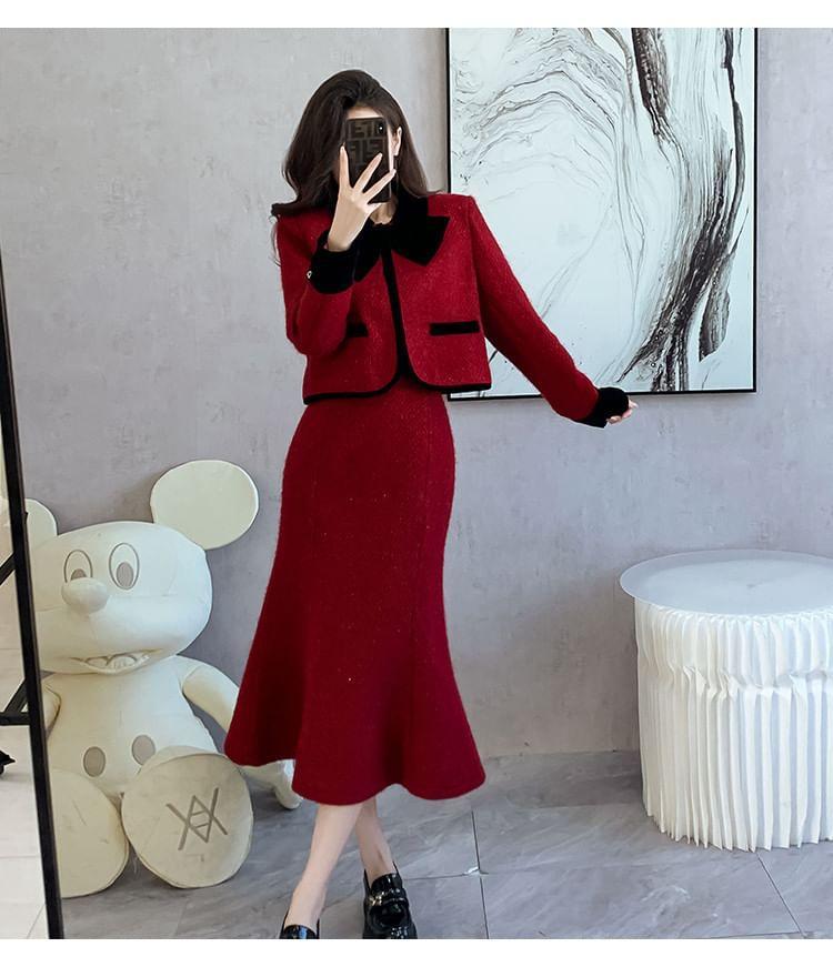 Set: Bow Contrast Trim Jacket + High Rise Mini Mermaid Skirt Product Image