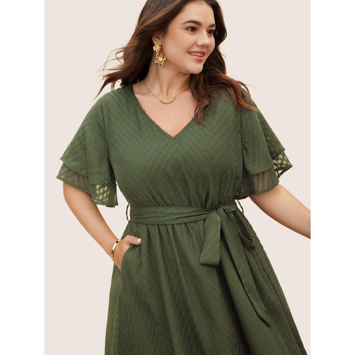 Plus Size Texture Tiered Ruffle Sleeve See Through Dress ArmyGreen Women Elegant Texture V-neck Half Sleeve Curvy BloomChic 18-20/2X Product Image