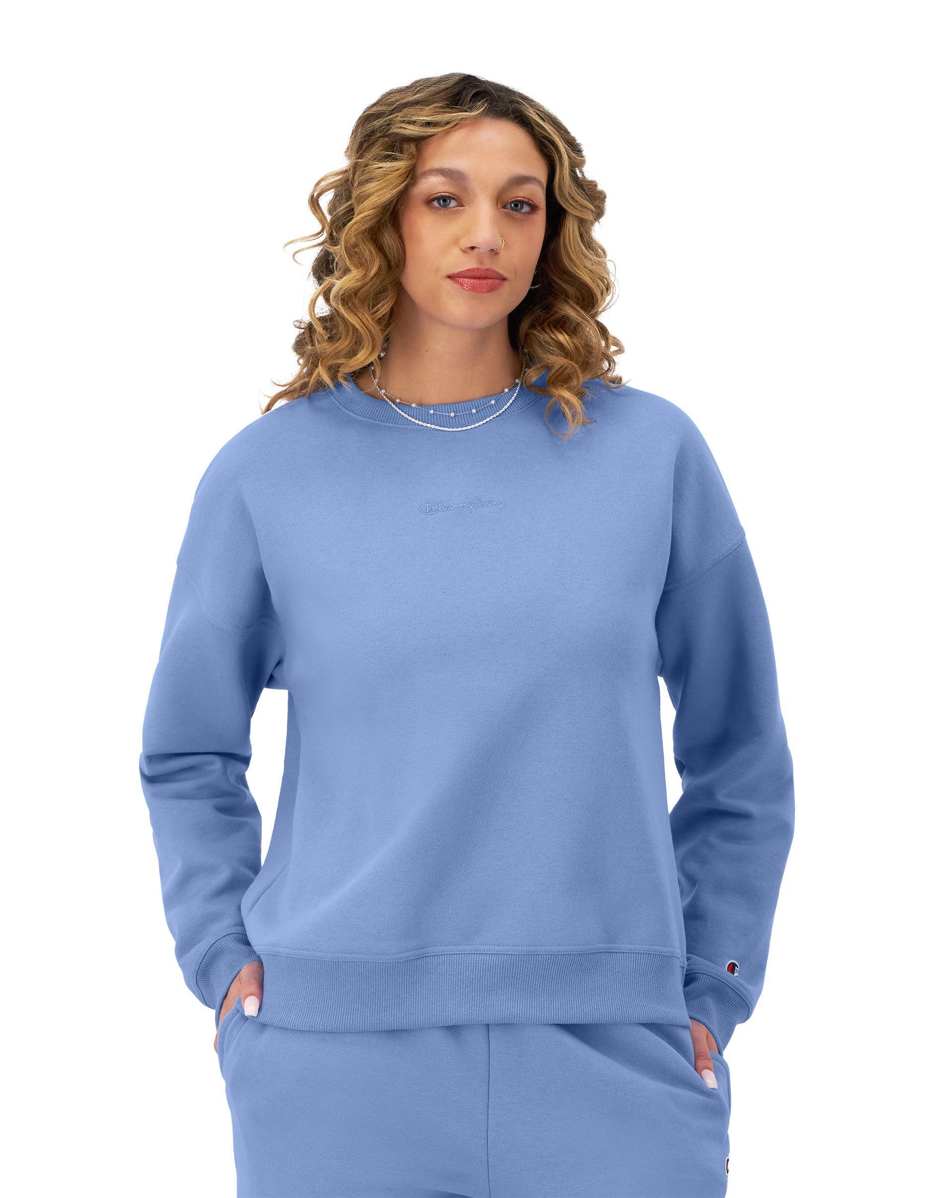Womens Champion Powerblend Crewneck Sweatshirt, Embroidered Script Logo Oxford Grey XS Product Image