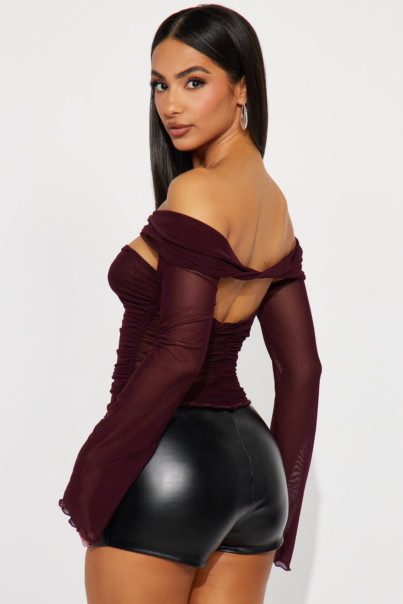 Out Of Town Mesh Off Shoulder Top - Plum Product Image