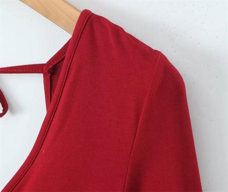 Long-Sleeve V-Neck Plain Crop Top Product Image