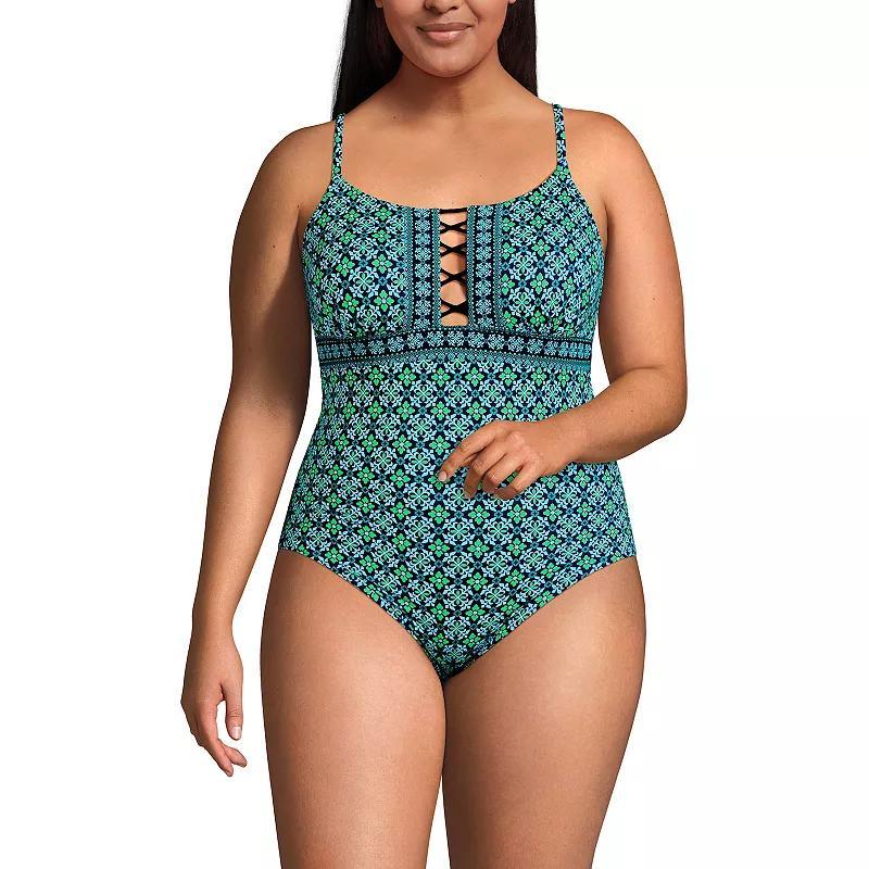 Plus Size Lands' End Lace-Up Front One-Piece Swimsuit, Women's, Size: 20 W, White Stripe Product Image