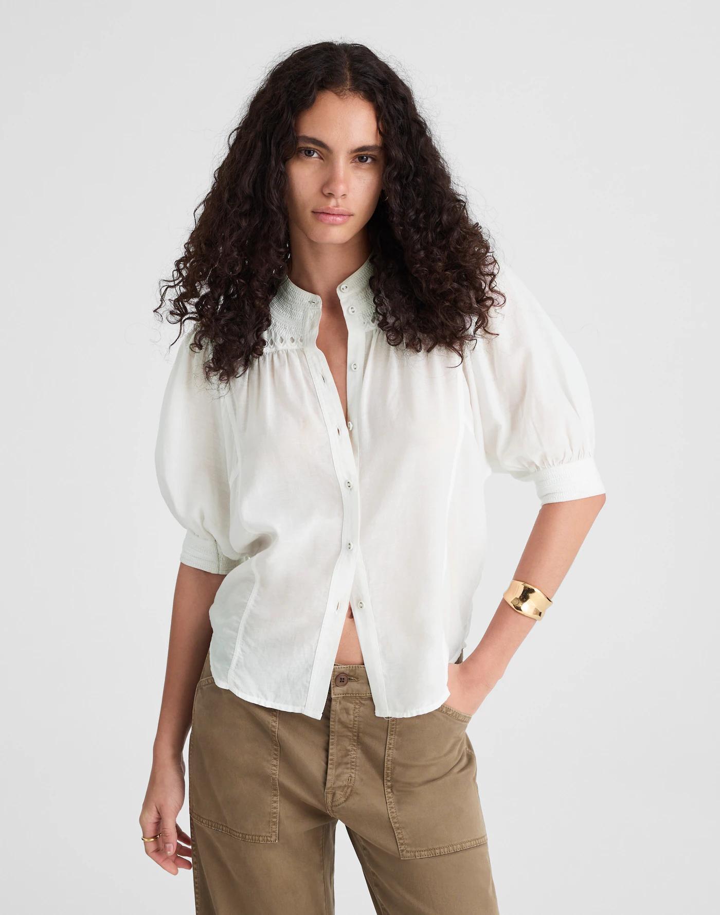 Puff-Sleeve Band-Collar Shirt Product Image