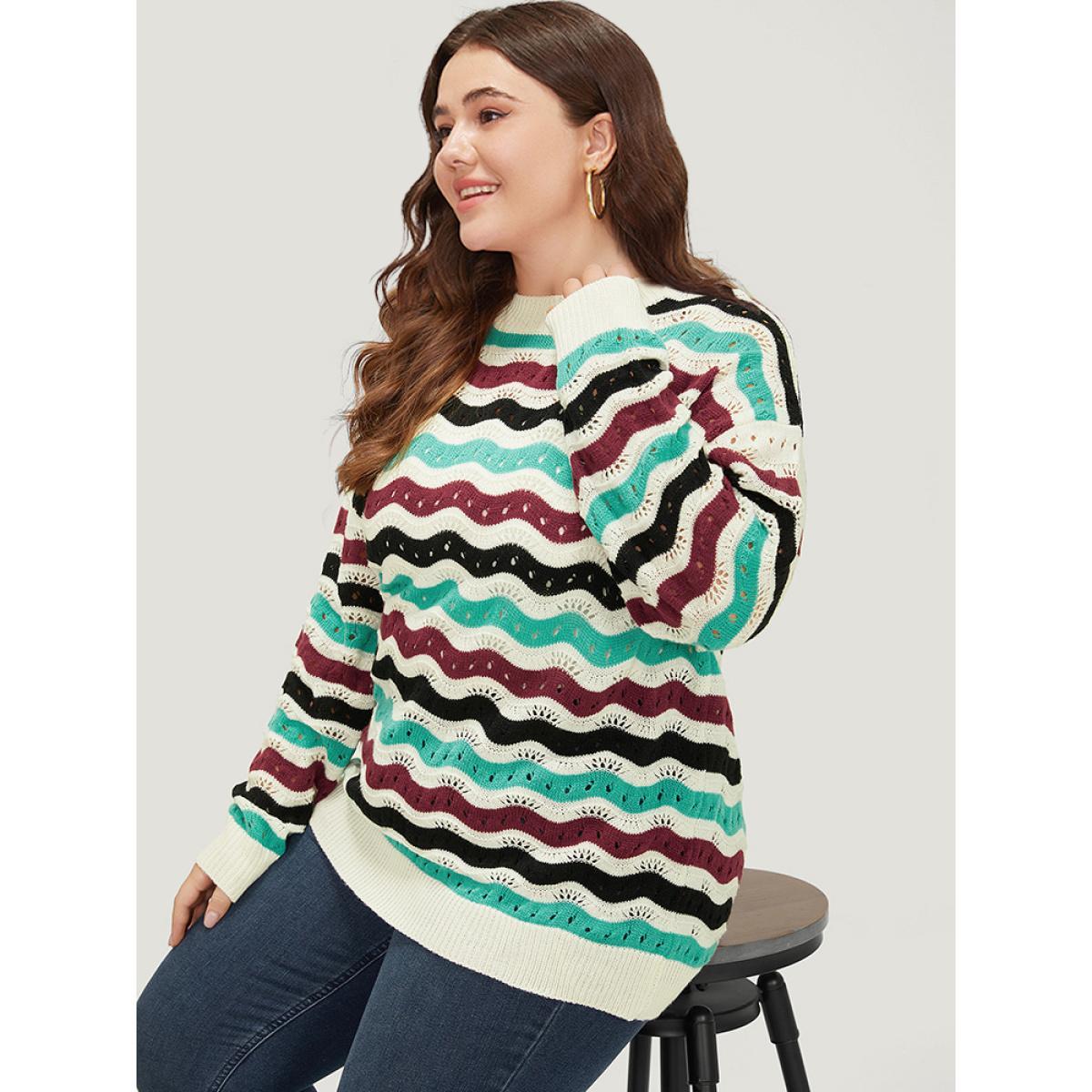 Plus Size Contrast Water Ripple Cut Out Elastic Cuffs Pullover Multicolor Women Casual Loose Long Sleeve Round Neck Dailywear Pullovers BloomChic 30/6X Product Image