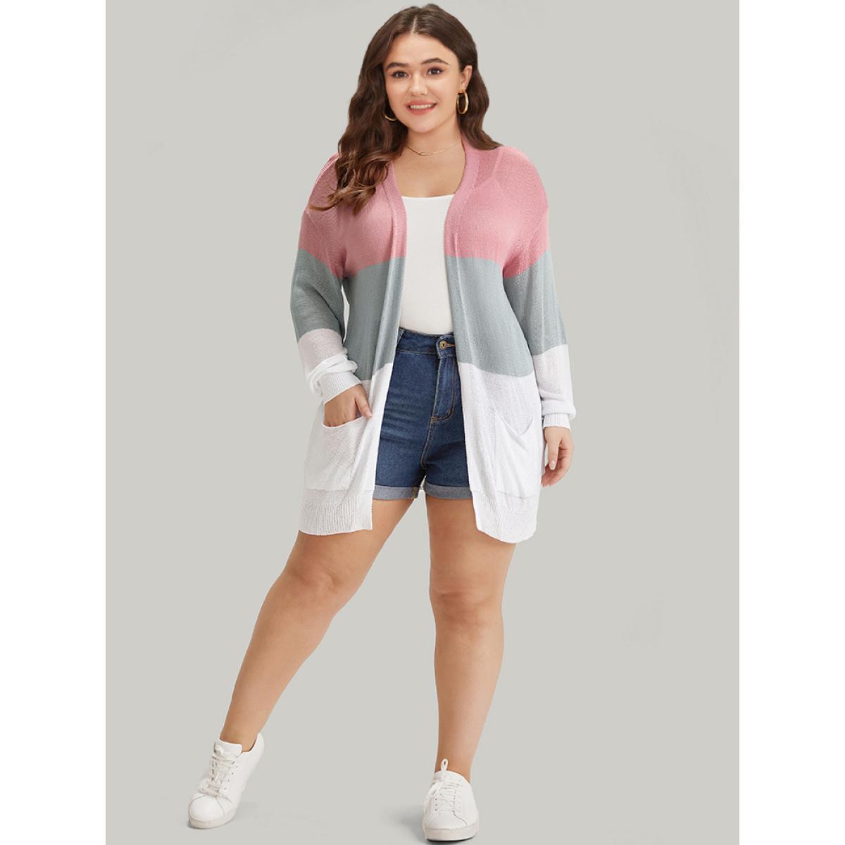 Plus Size Colorblock Pocket Drop Shoulder Elastic Cuffs Contrast Cardigan Pink Women Casual Loose Long Sleeve Dailywear Cardigans BloomChic 18-20/2X Product Image