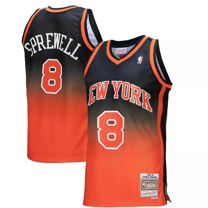 Men's Mitchell & Ness Latrell Sprewell Orange/Black New York Knicks 1998/99 Hardwood Classics Fadeaway Swingman Player Jersey, Size: Small Product Image