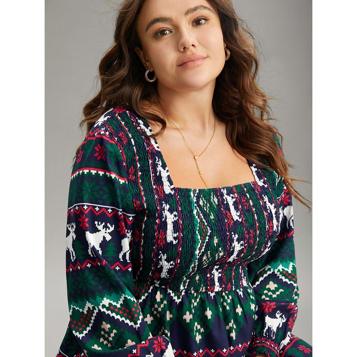 Plus Size Green Christmas Elk Shirred Square Neck Blouse Women Elegant Long Sleeve Square Neck Festival-Christmas Blouses BloomChic 26/4X Product Image