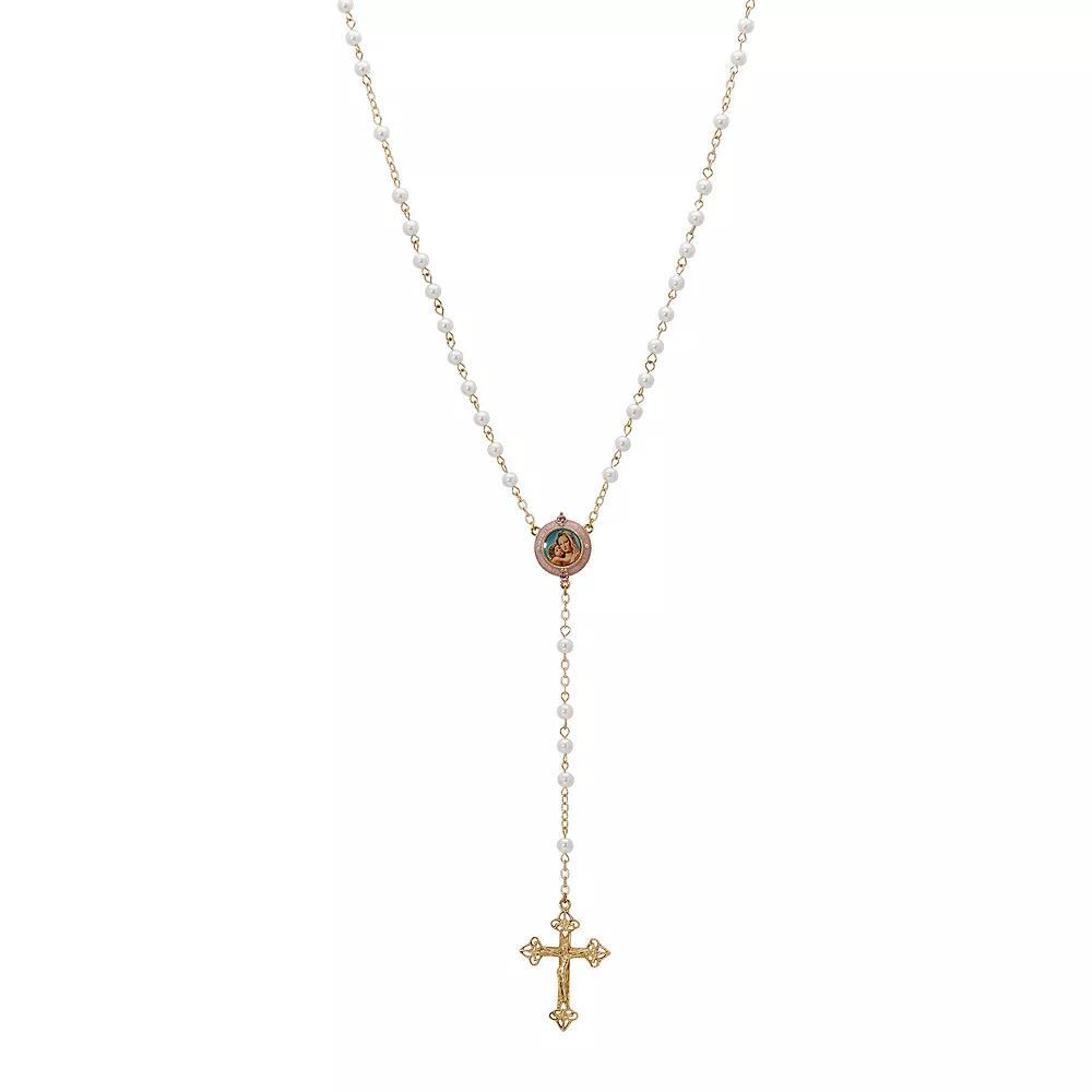 Symbols of Faith 14k Gold Dipped Mary & Child Decal Simulated Pearl Rosary, Womens, White Product Image