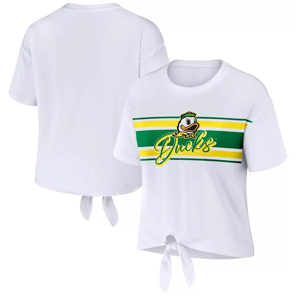 Women's WEAR by Erin Andrews White Oregon Ducks Striped Front Knot Cropped T-Shirt, Size: Medium Product Image