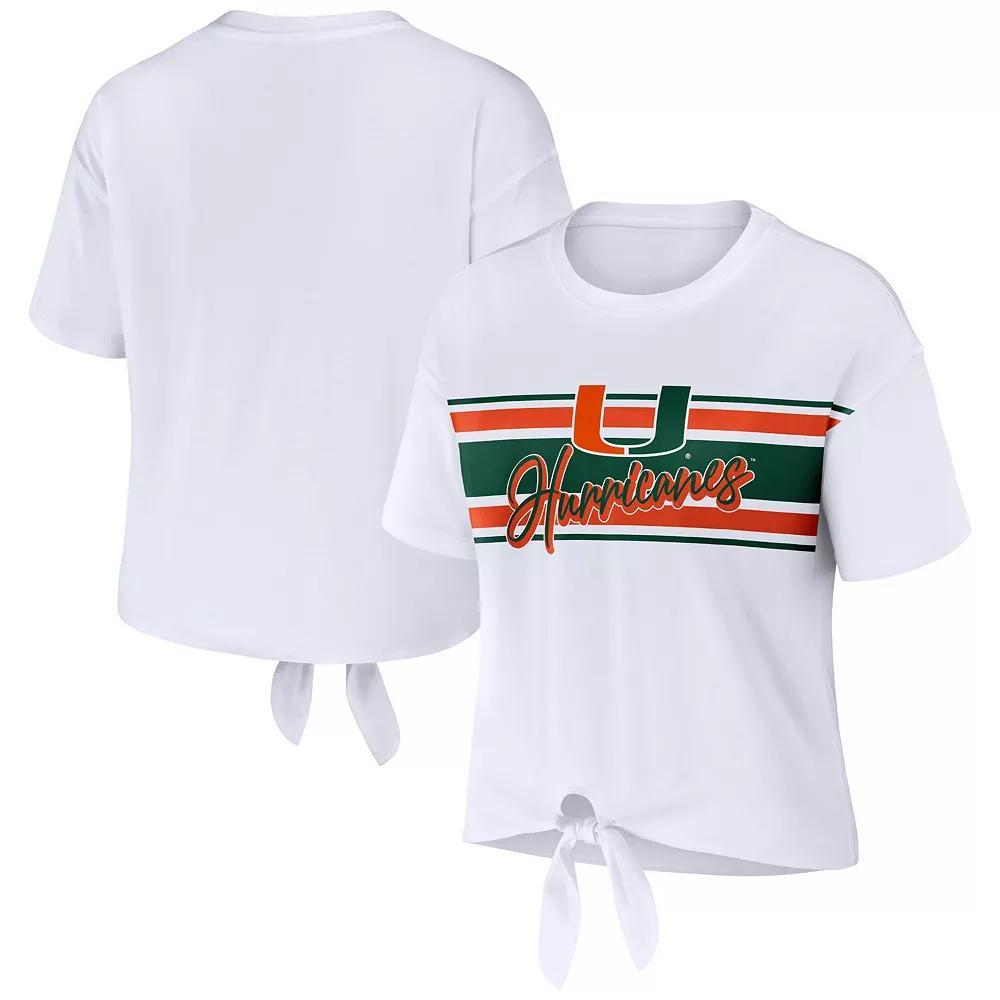 Women's WEAR by Erin Andrews White Miami Hurricanes Striped Front Knot Cropped T-Shirt, Size: 2XL Product Image